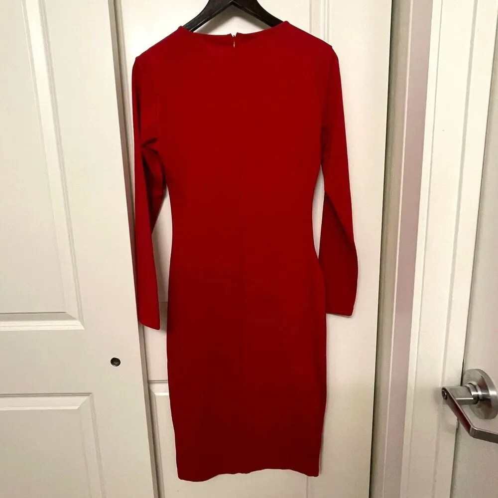 Women’s Red Long Sleeve Midi Sheath Dress Stretch Slim Comfy Size L - Picture 3 of 14